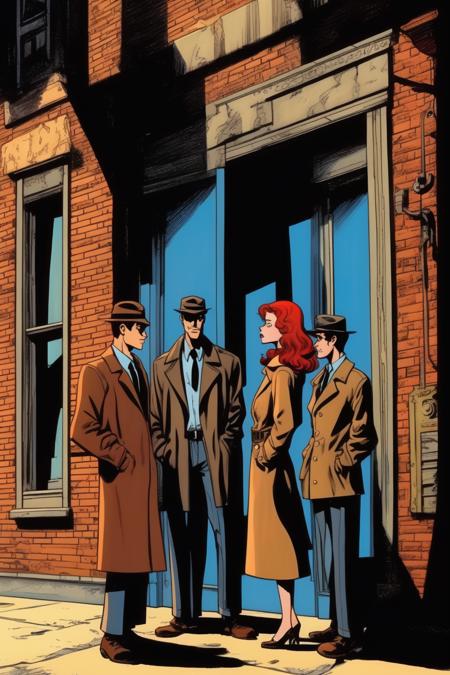 <lora:Will Eisner Style:1>Will Eisner Style - The comic strip presents a clear, sun-drenched noon. Beneath a blue sky, two detectives, a redhead woman and a dark-haired man, stand poised in front of a tenement door. The comic style echoes the sharp contrasts of sunlight and shadow, infusing the scene with a palpable sense of suspense.