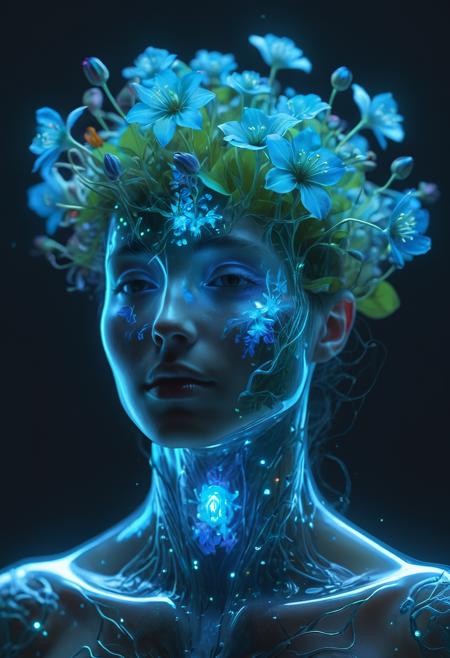 fantasy portrait of a person with a glass body and head filled with bioluminescent flora, intricate details, ethereal lighting, magical atmosphere, vibrant colors, 8k, highly detailed, trending on artstation