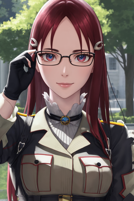 minerva_vc, smile, large breasts, hair ornament, red eyes, upper body, black gloves, hairclip, fingerless gloves, uniform, military, military uniform, adjusting eyewear, BREAK nature, park, BREAK looking at viewer, (masterpiece:1.2), best quality, high resolution, unity 8k wallpaper, (illustration:0.8), (beautiful detailed eyes:1.3), extremely detailed face, perfect lighting, extremely detailed CG, (perfect hands, perfect anatomy),