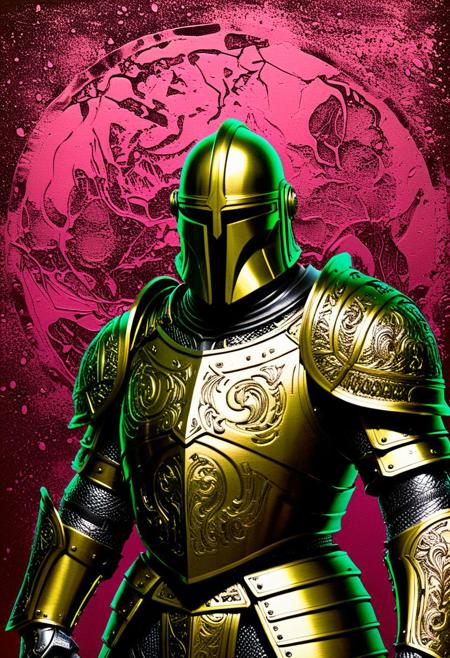 Death Knight (brass etching:3) (max screck) dark-green black, bright pink background, fantastic stable (highly detailed:3), noble, royal , plate armor,