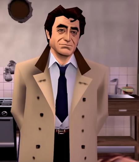 columbo the video game released for nintendo 64 in 1997 starring peter falk, 3d, low poly, n64style, ocarinaoftime, trenchcoat, necktie, kitchen interior, brown hair<lora:epoch-000028:1>