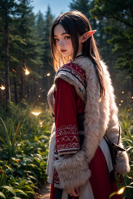 masterpiece , Depth of field, night, dack, 1girl,  solo, long hair, red clothes, sky, Fireflies, elves, Forest, 
 <lora:zangzu2:0.6>   <lora:add_detail:0.5>