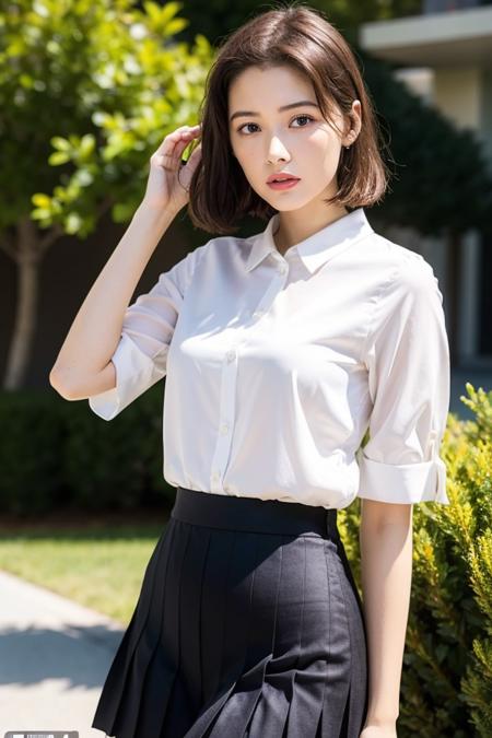 1girl,white silk shirt,white pleated skirt,best quality,masterpiece,illustration,an extremely delicate and beautiful,CG,unity,8k wallpaper,Amazing,finely detail,masterpiece,official art,extremely detailed CG unity 8k wallpaper,incredibly absurdres,huge filesize,ultra-detailed,highres,extremely detailed,beautiful detailed girl,realistic,full frontal,outdoors,<lora:Tamashiro Tina:0.8>,