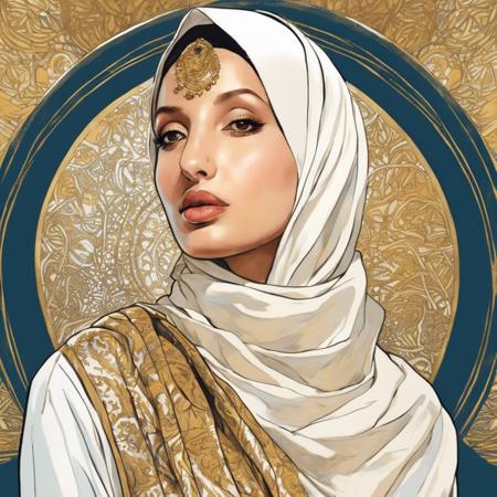 a Nora Fatehi woman wearing a white and gold hijab , art by Yuko Shimizu , art by Oliver Jeffers , art by Sammy Harkham , art by Simone Massoni
