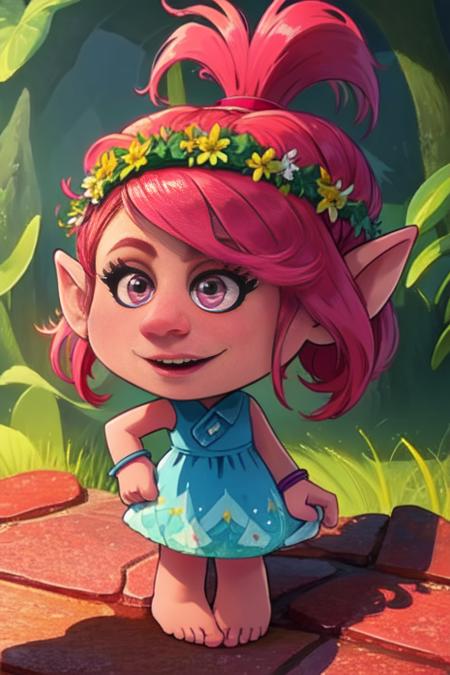 QueenPoppy,pink hair, ponytail, pink eyes,pointy ears, solo,  happy,  cowboy shot,  standing, 
QPdre,bracelet,hair flower ,head wreath,dress,barefoot , 
forest, sunshine, rainbows,  mature, 
  (insanely detailed, beautiful detailed face, masterpiece, best quality)   <lora:QueenPoppy-10:0.7>