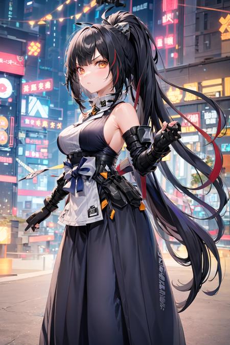 1girl,ahoge,bare shoulders,black gloves,black hair,breasts,elbow gloves,floating hair,gloves,hair ornament,long hair,looking at viewer,medium breasts,night,orange eyes,outdoors,partially fingerless gloves,sleeveless,sleeveless shirt,solo,v-shaped eyebrows,very long hair,leggings ,black hair,ponytail,multicolored hair,streaked hair,futuristic,cyberpunk,sakifuwa, very long skirt <lora:sakifuwa_v11n:0.7>