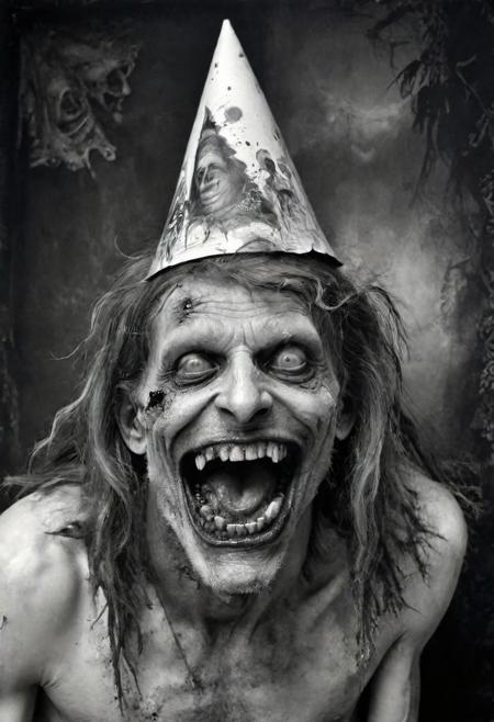 the male fool, smiling opened mouth, long hair, birthday party hat, white eyes, zombie skin, grotesque environment, apocalyptic background, extremely beautiful, grunge black and white photography style, hyper-realistic, natural,  by Joel Peter Witkin