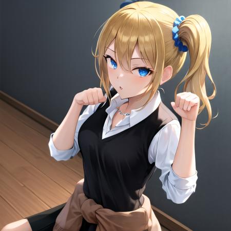 masterpiece, best quality, PP,  paw pose, aahayasaka, side ponytail, medium breasts, necklace, collared shirt, black vest, sleeves rolled up, clothes around waist, black skirt