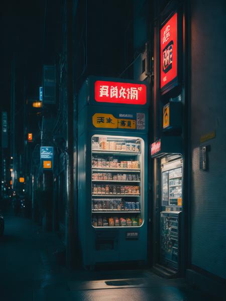 <lora:NeonNight:1>a vending machine on the side of a street at night