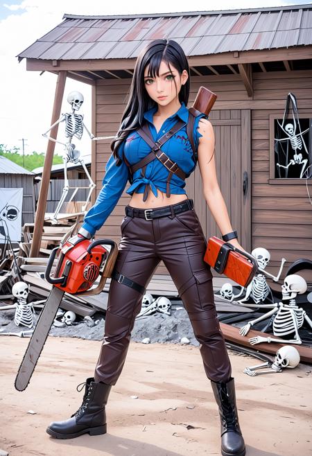 (anime style:1.2), (cosplay:1.1),ash, asian Woman, with long black braids, evil dead, chainsaw, shotgun,pumpgun, blue crop top, short pant,
post-apocalyptic theme, woman warrior, skeleton on back,leather outfit, rugged boots, wooden shack background, survival concept, action pose, sci-fi environment, dystopian fashion, skull on ground, determined expression, earthy tones, cinematic costume design