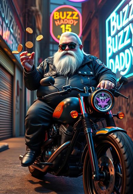 Buzz Daddy is a larger-than-life character with a Harley biker edge. His chubby, bulky build contrasts with his rugged style—dressed in a leather-studded corporate tracksuit with psychedelic accents, and a standout orange piece reading “The Road to Torino.” A buzz coin-shaped yogurt buckle and long, straight white hair complete his look. His thick, bushy Harley-style mustache and beard add a tough, custom flair, while his Ray-Ban Wayfarer goggles reflect the electric glow of neon signs. Buzz Daddy mischievously tosses stacks of Buzz coins, embracing his rebellious energy.
In this Harley custom scene, Buzz Daddy sits atop a roaring, custom Harley motorcycle, with the open road around him. The gritty alleyway setting is bathed in neon lights, adding to the vibe of freedom and adventure. His name, “Buzz Daddy,” is emblazoned in bold cinematic lettering on the side of his bike or a nearby glowing billboard, blending digital art with biker culture. The composition is surreal and playful, reflecting Buzz Daddy’s meme-driven persona, amplified by artistic influences from aidmafluxpro1.1, aidmaMJ6.1, and aidmahyperrealism, creating an unforgettable visual of his larger-than-life presence.