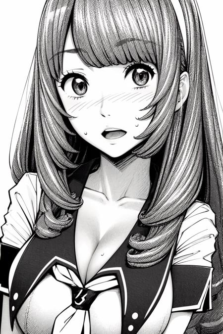 chitoseni, 1girl, solo, hairband, hair bow, school uniform, neckerchief, looking at viewer, open mouth, white background, cleavage, monochrome, short sleeves, greyscale, sweatdrop, shirt <lora:chitoseni_V6f-10:0.8> (MangaHentaiStyleConceptv2:0.2)