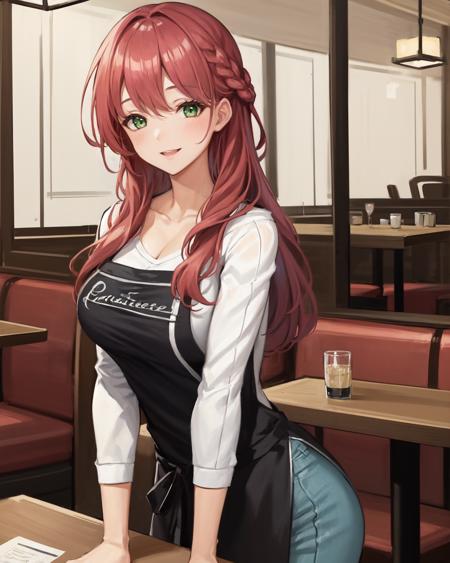 best quality, (masterpiece:1.2), illustration, absurdres,   
(1girl), (solo), (beautiful detailed girl), cowboy shot, 
<lora:Paulette-08:0.9>, Paulette, red hair, long hair, green eyes, large breasts,
white shirt, blue pants, black apron,
gentle, smile,
(inside restaurant, inside bistro:1.1), tables, chairs,