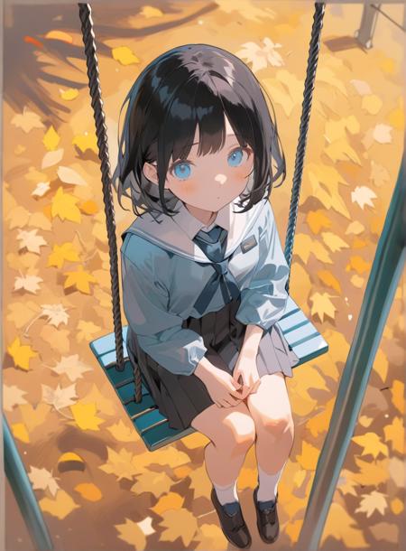 pastel color, from above, upper body, depth of field, masterpiece, best quality, best quality, 1girl sitting on a swing, school uniform, black hair, blue eyes, autumn, park