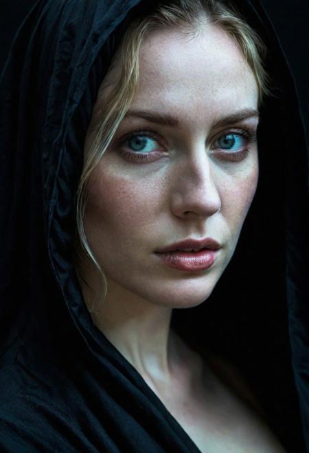 In the darkness of a moonlit night, an enigmatic silhouette emerges, clad in a rich black robe. Her eyes, of striking depth, capture the light with an almost supernatural precision, while her skin, of immaculate pallor, reveals details of remarkable finesse. Her blond hair, like strands of gold, frames a face of enchanting charm, adorned with delicate beauty marks and faint wrinkles testifying to a life well-lived. Her generous curves are accentuated by an imposing chest whose wide and detailed areolas draw the eye, while an aura of mystery and sophistication emanates from her presence, captured in a photograph of exceptional quality, revealing every nuance of her being with remarkable clarity.
In this frozen moment, this woman seems to be much more than a mere representation. She embodies the ultimate form of art, blending realism and aesthetics in a living tableau where every detail, from delicate veins to the pores of her skin, is meticulously captured. This work, far more than a simple photograph, transcends the boundaries of realism to become a true creation of the soul, evoking emotional depth and an almost palpable presence. The woman in the black robe stands there, in all her splendor, an enchanting muse whose captivating beauty and striking details defy imagination, immortalized in a work of art of unparalleled quality. (contrast:1.75), (color:0.75), (lighting:0.95)