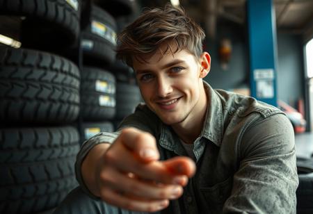 (danny, 20 yo male model) Sitting at a tyre shop, leaning over to the viewer, looking at viewer, reaching out for the viewer's hand, smile. oil dusted shirt. Close up view, portrait.