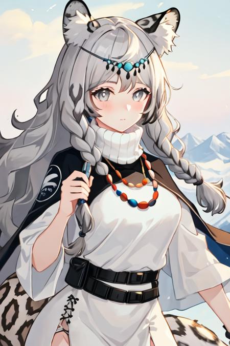 best quality, masterpiece, highres, solo, {pramanix_arknights:1.15}, long_hair, animal_ears, braid, leopard_ears, animal_ear_fluff, grey_eyes, twin_braids, bangs, grey_hair, jewelry, white_hair, necklace, tail, upper_body, turtleneck, leopard_tail, hair_between_eyes, bell, very_long_hair, 1girl, bead_necklace, holding, side_braids, beads, dress, looking_at_viewer, white_dress, belt, blush, closed_mouth