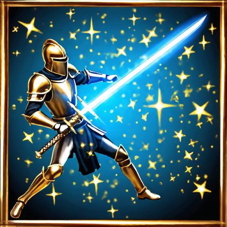 Black to azure gradient background, knight dodging a sword's strikes, fast moving, action, man teleportation, golden frame, golden stars, magic, casting spell