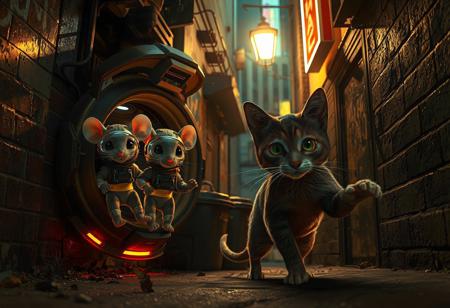 Two tiny mice, dressed in high-tech, advanced spacesuits with glowing visors and futuristic gadgets, are stepping out of a small, sleek alien spacecraft. Their faces are lit with excitement and wonder as they eagerly anticipate meeting Earth's inhabitants. However, they’ve mistakenly landed in a gritty, dimly lit urban alleyway with a few neon signs casting light . The walls are covered in graffiti, and trash bins line the narrow space. Emerging from the shadows, an alley cat with a muscular physique, sleek fur and piercing gold and green eyes is poised to pounce, toward the unsuspecting mice. The scene is illuminated by a flickering streetlight neon and neon signs, casting eerie shadows across the alley., architecture, fashion, poster, 3d render