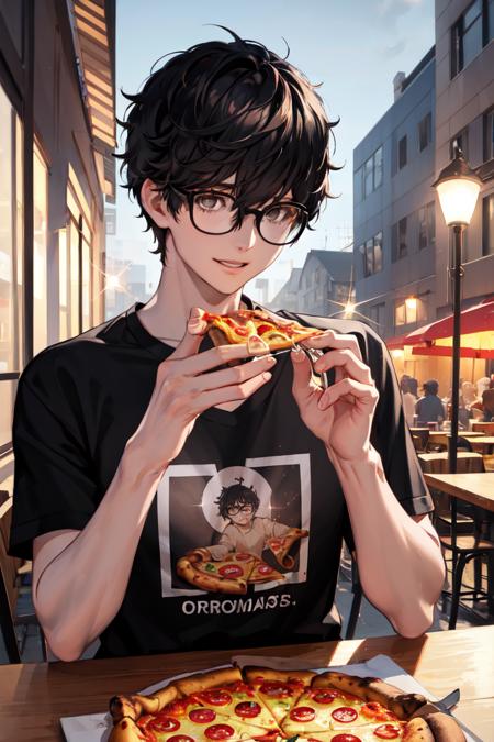 masterpiece, best quality, absurdres, 1boy, solo, AmamiyaRen, glasses, t-shirt, table, upper body, pizza, happy, sparkle, lamp, outdoors, <lora:AmamiyaRen:1>