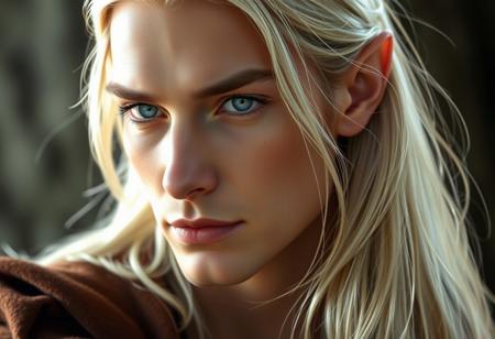 He possesses the characteristic beauty of elves, with a natural grace and elegance. He has smooth, fair skin and long, silky hair with silver or gold tones.
His eyes are filled with wisdom and depth, beautifully clear and luminous.
