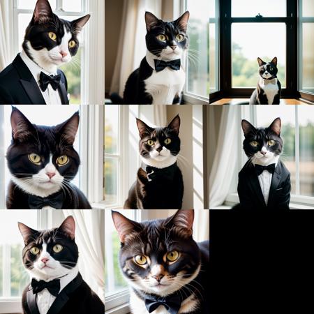 RAW photo, absurdres, high quality, photorealistic,
portrait of a cat in a tuxedo, sunlight, window,
photo realism, ultra-detailed, 50mm, f1. 4, 8k uhd, film grain