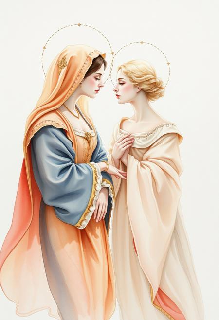 Delicate watercolor painting of a whispered conversation between Madame X and an artist. Classical Baroque style with religious themes, soft color palette, chiaroscuro, delicate figures, flowing drapery, serene expressions, balanced symmetry, intricate details. Translucent washes, fluid brushstrokes, and subtle illumination create a gentle, soft light.