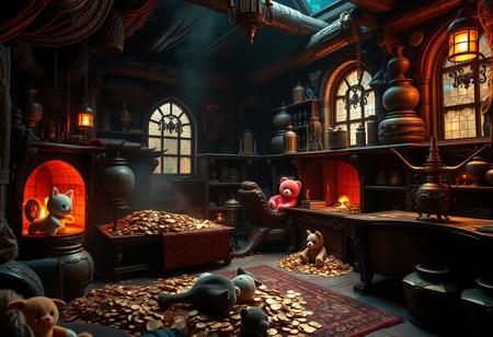 hyperdetailed ultra-detailed realistic,  
extremely detailed home with valuable alchemy treasure,  with piles of gold coins and a lot of cute plushies, with glowing vibrant calm light, detailed dungeon fantasy environment, dark shot, rtx, at exotic dark florest background , High Definition HD, High Detail, Perfect Composition, dark fantasy movie, cowboy shot,