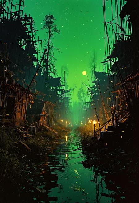Descending into the depths of Blighttown, a decrepit settlement built on rickety structures, looming over a poisonous swamp. The air is thick with pestilence, and the faint glow of toxic fireflies reveals the path forward, as shadowy figures move in the distance., 
Inspired by dark fantasy, featuring sinister religious motifs in a gritty, oil painting style, evoking a sense of mystery and foreboding with deep, dark hues
, in the style of an old 80's VHS dark fantasy, VHS screen grab, grainy, old footage