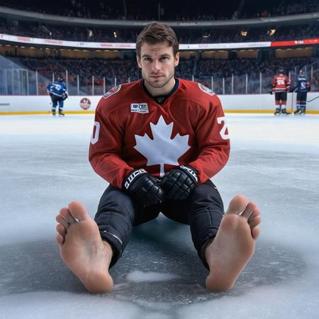 a cinematic photo of canadian handsome man sitting  on ice surface, footpose,solo in hockey uniform,nicely posed,  foot focus,body symmetry, ice arena stadium, cold air fog, barefoot, male soles  <lora:footpose-11v_sdxl_lora-000028:1>