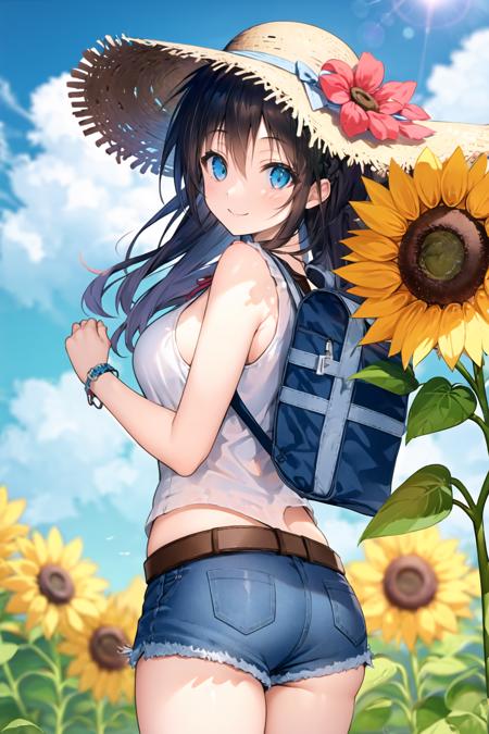 <lora:96mimo414:1>, sunflower, 1girl, flower, straw hat, hat, shorts, bag, solo, blue eyes, smile, backpack, cloud, long hair, looking at viewer, sky, brown hair, holding strap, sleeveless, blue shorts, shirt, blue sky, white shirt, ass, hat flower, cowboy shot, belt, denim, yellow flower, sleeveless shirt, day, denim shorts, outdoors, wristband, breasts, bare shoulders, sun hat