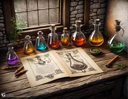 Indie game art,(rough sketch drawing of a cozy medieval alchemy laboratory, side view, five colorful potions are randomly placed on a rustic wooden table on old paper background texture with a fancy border, fold lines, achemistry, ((pencil sketch)), medieval, (skyrim), from above, ((close up)), herbs, close-up), (Vector Art, Borderlands style, Arcane style, Cartoon style), Line art, Disctinct features, Hand drawn, Technical illustration, Graphic design, Vector graphics, High contrast, Precision artwork, Linear compositions, Scalable artwork, Digital art, cinematic sensual, Sharp focus, humorous illustration, big depth of field, Masterpiece, trending on artstation, Vivid colors, trending on ArtStation, trending on CGSociety, Intricate, Low Detail, dramatic