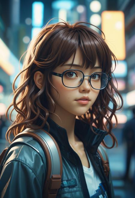 A stunningly beautiful anime portrait of a cute, hyper-realistic cyberpunk cyborg with long flowing hair and short brown curly bangs wearing glasses. intricate details by Makoto Shinkai, 2000s vintage RAW photo, photorealistic, film grain, candid camera, color graded cinematic, eye catchlights, atmospheric lighting, natural, shallow dof, High level of detail to create a photographic-like image, focusing on lighting, realistic textures, hyperdetailed.