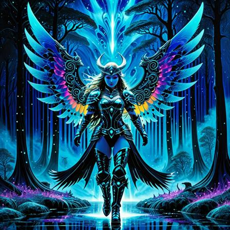 Fractangles, made out of fractangles, Studio Ghibli Dark Fairytale,
An abstract cyberpunk painting depicts a Valkyrie battle maiden hovering over a dark pond. The entire painting is rendered in vibrant phosphorescent blue violet hues against an inky black background. The Valkyrie wears full battle armor consisting of metal plates, greaves, chainmail, and boots. Her long flowing hair and spread wings blend into abstract forms with sharp neon contours and shimmering outlines. Her expressive glowing eyes are visible within her sculptural silhouette, which is highlighted by chiaroscuro lighting effects on her wings, armor, body, and hair. The background features blurred nocturnal landscape elements with smoky trees shrouded in fog and phosphorescent mist particles. The composition incorporates negative space with subtle fractals and a ghostly aura, executed in a cyberpunk neon style. painting technique using fluid brushstrokes and high contrast phosphorescent colors against dark backgrounds.