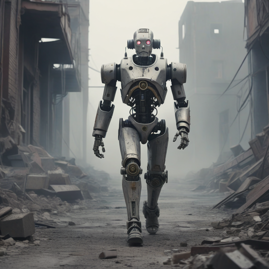 cinematic shot of a futuristic mechanical android marching through the rubbles of a post-apocalyptic dystopia
cinematic li...