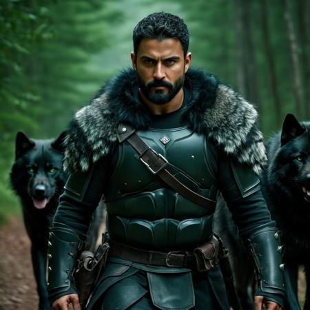 battle shot, human druid wearing leather running with his pack of black wolves to battle, (full body:1.0), symmetrical face, focus on body, wide view, 1boy, black hair, very attractive, olive skin, warrior, muscular, short hair, trimmed short full black beard, strong jaw line, long square chin, 28 years old, handsome, attractive rugged, sexy features, kind eyes, dark green eyes, tall, Camera: (EE 70mm lens:1.1), Shot: full view, Cinematic, Cinematic Lighting, ultra HD, 8k, best quality, super complex details, hyper detailed, expressive, award winning, (ultra realistic), textured skin, sharp focus, photo realistic, 4k, natural, global illumination, <lora:JuggerCineXL2:1.0>, <lora:add-detail-xl:1>, <lora:xl_more_art-full_v1:1>