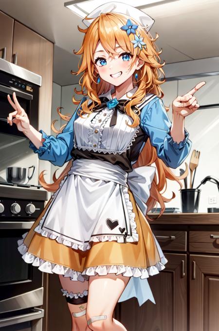 OtogibaraEra, 1girl, solo, long hair, medium breasts, orange hair, blue eyes, jewelry, earrings, smile, standing, dynamic pose, <lora:OtogibaraEra:0.8>, 8k, masterpiece, best quality, absurdres, perfect anatomy, cinematic lighting, cowboy shot, skirt, hair ornament, braid, flower, frills, shoes, hair flower, grin, apron, messy hair, waist apron, white apron, bandaid, blue flower, brown skirt, heart hands, head scarf, bandaid on leg, kitchen, house,