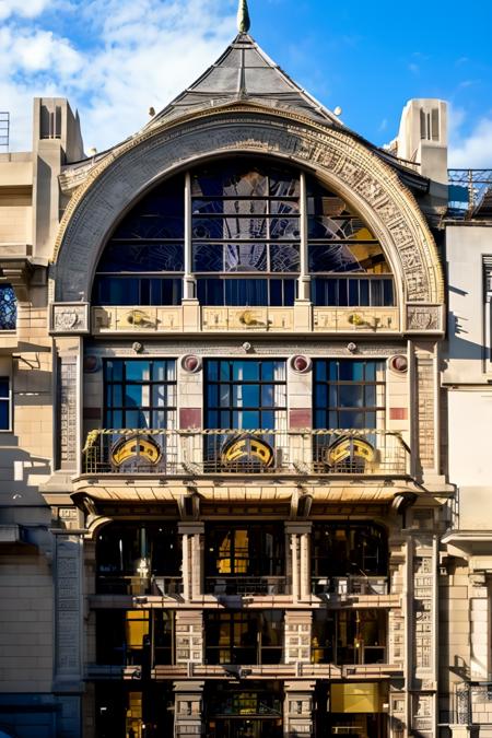 <lora:JJsArtNouveauBuilding:1> , (Art Nouveau),  ((Building)),(masterpiece) , ((best quality)), dramatic lighting, outdoors, day, cloud, blue sky,  scenery, road, real world location, sunlight, balcony, door, paving,  city, cityscape, curve,stained glass, window, arch, architecture photography, striking structures, clean lines, geometric shapes, dramatic angles, play of light and shadow, capturing architectural details, showcasing design elements, evoking mood, professional lighting, precise compositions, emphasizing scale and proportion, creating depth, architectural storytelling, capturing iconic landmarks, immersive experience