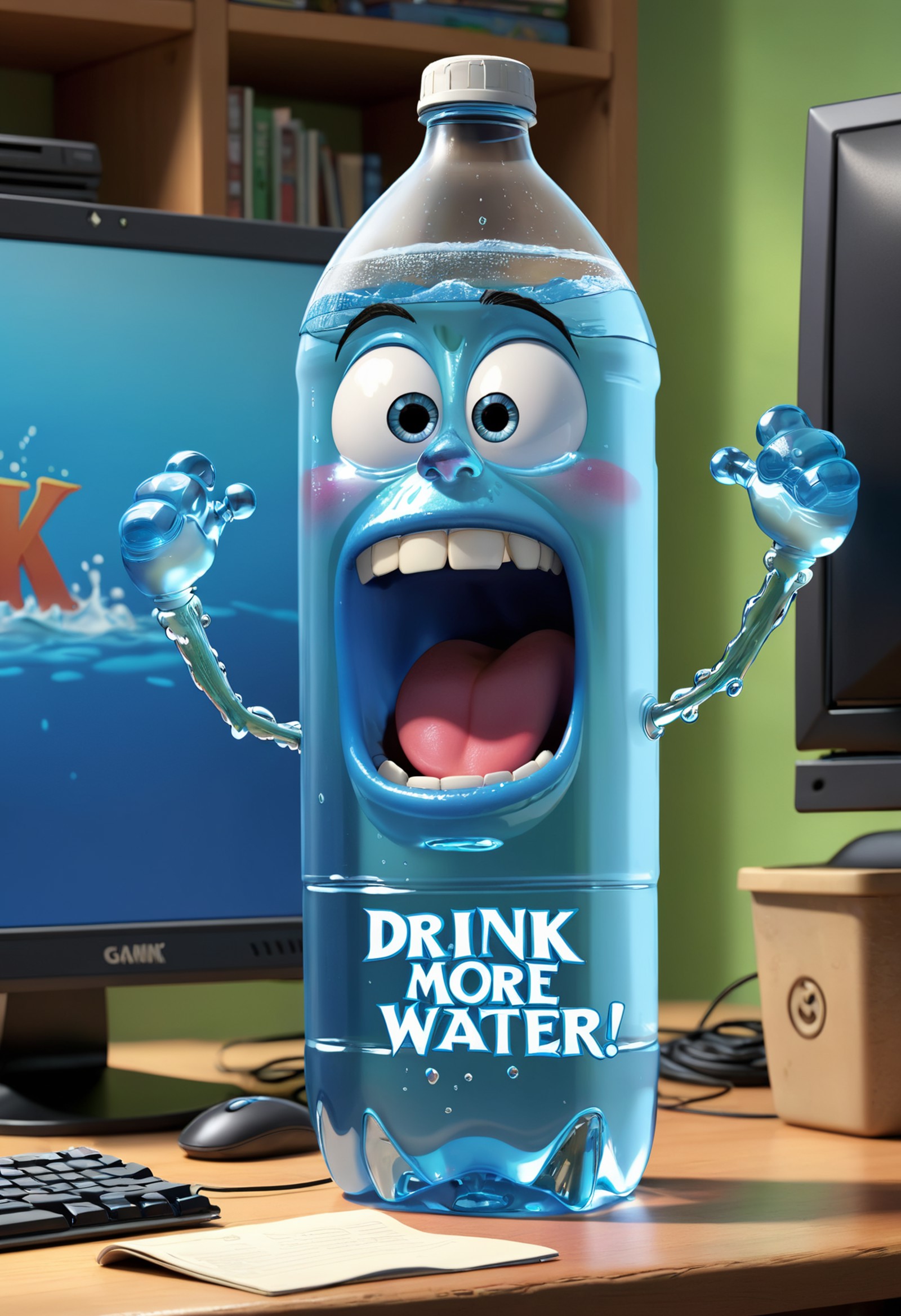 Pixar animation of a bottle of water standing next to gaming computer screen, desperate face, <lora:WildcardX-XL-Detail-En...