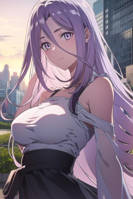 tokime, purple hair, (purple eyes:1.1), long hair, dress, bare shoulders, white dress,