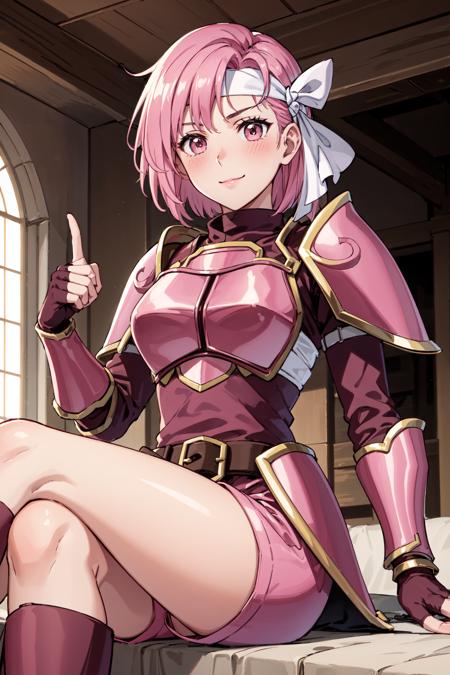 sunbathing,couple sitting,blush,light smile,<lora:cecilV3:0.9>,cecil,armor, dark pink hair,white headband,armored boots, shoulder armor,fingerless gloves, pauldrons, gauntlets, breastplate,knee boots, greaves, pink shorts,thighs,faulds,indoors,(masterpiece, best quality, ultra-detailed, best shadow)