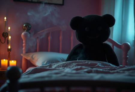 close-up, from behind, of a black deamon like teddy made of dens black smoke, houvering ghostlike over the end of a pink childs bed, only his red glowing grimm smile showing his horrific presence. in the bed is a scarred young ape face hiding under a pillow. soft fog raines like drops in slow-motion, glowing from the candles sorounding the bed. filling the dark room in dramatic lighting and dark shadows whispering horror and dark comedy.
Shot with a full-frame DSLR, 85mm lens at f/1.8 for shallow depth of field, ISO 400, 1/100 shutter speed. Natural light enhanced with slight post-processing contrast boost and warm tone grading. balancing organic beauty with macabre fantasy, creating a feeling as unsettling as compelling.