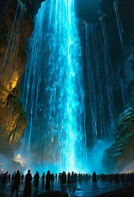 score_9, score_8_up, score_8_up, ((Cinematic composition)),((masterpiece)), (resplendent lighting), absurdres, very fine detail, 8k.
a crowd of citizens in a futuristic city looking up at irregular floating stone rings ((floating stone rings in the sky are gushing waterfalls)), surreal, fragmented styles, intense vibrant colors, stark contrasts,  liquid, unreal parts, alluring, fluid, perfection, gothic. Intricate background (Alphonse Mucha), Illustration (Bill Sienkiewicz:1.5), maximum detail, 4K, hyperrealistic. Chinese watercolor and ink technique. Include deep rich dark blues, gold leaf highlights, ((Masterpiece)), (cinematic composition), resplendent lighting