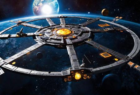 Photograph, advanced space station, twilight imperium war sun, machine of war, extremely highly detailed, overwhelming size, vastness of space, solar system and planet in the background, twilight imperium