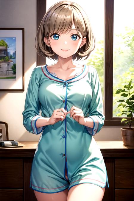 (masterpiece,  best quality,  ultra-detailed),  (illustration),  (beautiful detailed eyes),  tang keke,  blue eyes,  short hair,  grey hair,  sitting,  sitting on chair,  chair,  indoors,  pajama,  sexy pajama,  Green pajama,  socks,  cowboy shot,  looking at viewer,  smile,  (closed mouth:1),  (small breasts,  large hips,  wide hips),  collarbone,  depth_of_field,  blue sky, <lora:EMS-1495-EMS:0.400000>, , <lora:EMS-48639-EMS:0.500000>