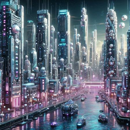Pearlum,
8k, score_9, score_8_up, score_7_up,
masterpiece,realistic,ultra detailed, vibrant colors,photo-realistic,
A cyberpunk cityscape with iridescent pearl-like skyscrapers, glowing neon lights in blue, pink, and purple, holographic billboards, floating drones with pearl sheen, reflective water surfaces, intricate cybernetic details, futuristic and elegant, ultra-detailed, cinematic lighting, pearlescent textures, vibrant, dystopian yet luxurious atmosphere
