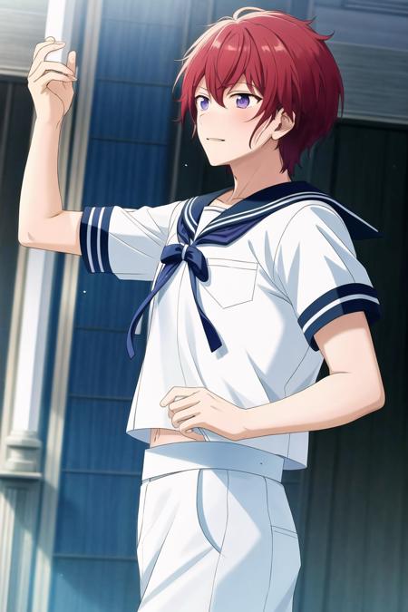 <lora:tsukasa_suou:0.7>, masterpiece, best quality, ultra-detailed, ultra-high contrast , 1boy, 8k, tsukasa_suou, knights_ensemble_stars,wallpaper quality, standing, complex background,  realistic, ((sailor_collar)), (White_sailor_shirt), short sleeve