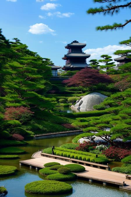 <lora:JJsLandscapeDesign:.8>, masterpiece, best quality,Landscape, scenery, outdoors, building, tree, sky,  real world location, day, grass, bush, flower, lake, japanese garden,