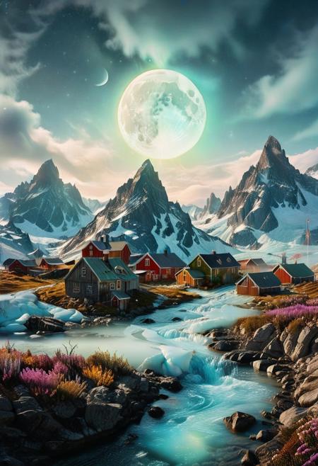 (by Ellen Jewett:1.5), (Bioluminescent Impressionism, Greenland  landscape, The Dreamland,, their peaks veiled in mist. mixed media, surrealism, great lighting, A surreal landscape highly detailed . extremely high-resolution details,  appears trapped in an optical illusion of reflections and refractions colorful , mountains and village in Greenland, professional photography, natural lighting, volumetric lighting maximalist. intricately detailed, complex, elegant, expansive, fantastical,snow, ice, night, moon,  ethereal landscapes, depth of field, biotech emotion:1.3) <lora:xl_more_art-full_v1:0.5> <lora:add-detail-xl:1> <lora:RMSDXL_Creative:2>. GhostlyStyle