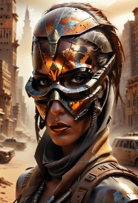 dvr-rst, a high-contrast traditional media of a Egyptian woman's face with a futuristic, cyberpunk aesthetic. She wears large, round, reflective goggles that display a cityscape, possibly Cairo City, with skyscrapers and a bright sun. Her hair is slicked back, and she has a pale complexion. Her lips are painted black, matching her glossy, high-fashion lipstick. The background is a gradient of gray, creating a stark contrast with her features. The image is shot at a close-up angle, emphasizing the woman's intense, enigmatic expression and the detailed textures of her makeup and goggles.